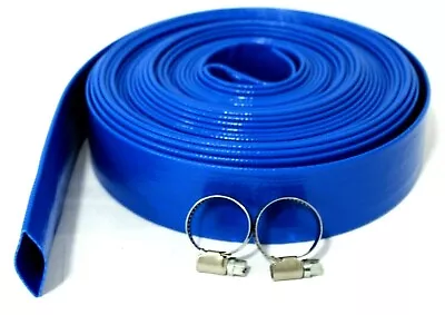 £10.99 • Buy 5M X 25mm BLUE  LAYFLAT HOSE WATER PUMP SUBMERSIBLE PUMP HOSE + 2 HOSE CLIPS