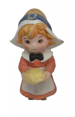 Vintage Lefton Bisque Pilgrim Girl Holding Pie Thanksgiving Figurine • $19.95