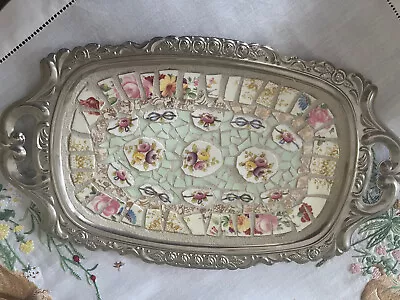 Vintage Silver Like Tray W/ Broken China Mosaic Tile Serving Tray 13 X8  Bows • $25