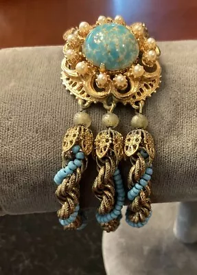 Vintage Florenza 3 Multi Chain Faux Turquoise Pearls Gold Tone Bracelet • $24.95