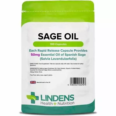 Essential Oil Of Sage 100 Capsules - Hot Flushes; Menopause Night Sweats • £7.99