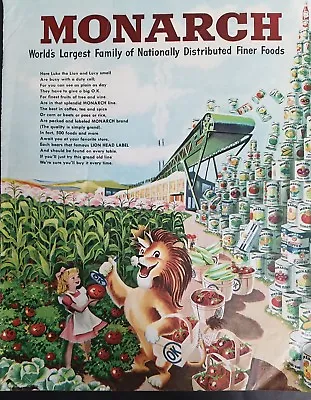 1948 Monarch Nationally Distributed  Can Foods Girl And Lion Color AD • $9.99