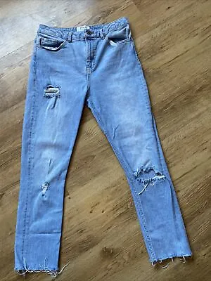Miss Selfridge Ripped Straight Leg Blue Denim Jeans Uk 10 Vgc Slight Stretch Fit • £6.50