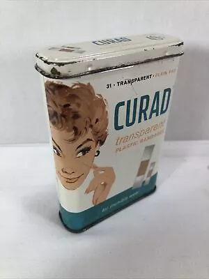 Vintage Tin Metal Curad Brand Transparent Plastic Bandages Container First Aid • $12.90