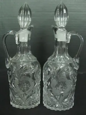 Etched Glass Oil And Vinegar Set Rose Design With Stoppers Intricate Vintage • $22.30