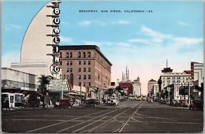 1940s SAN DIEGO California Linen Postcard BROADWAY Street Scene / Bowling Alley • $5.60