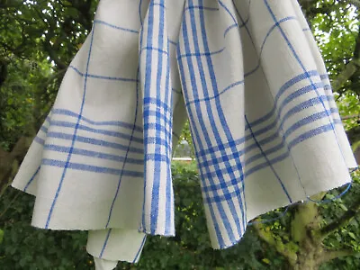 German Antique  Large Handwoven White Linen Towel  Blue Stripes 26   By 27.55   • $20.38