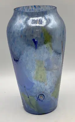 Blue Iridescent Art Glass Vase Textured Gold Specks Applied Murrine Vintage • $45