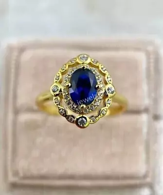 Oval Cut Lab Created Blue Sapphire Halo Wedding Ring 14K Yellow Gold Plated • $157.71