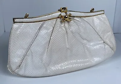 Judith Leiber Pleated Snake Clutch Beige Gold Gem Clasp Handbag Vintage • $69.95