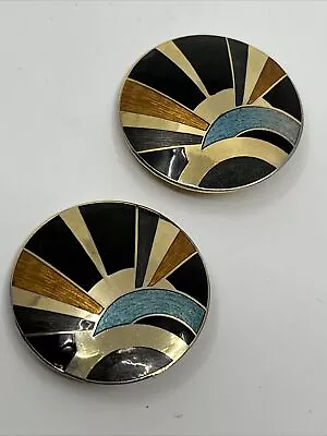 Vintage Estate Mona So Gold Tone Enamel Abstract Round Clip On Earrings • $15