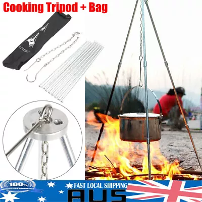 Camping Tripod Outdoor Cooking Campfire Picnic Pot Cast Iron Fire Grill Oven AU • $22.98