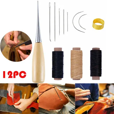12x Leather Sewing Needles Kit Stitching Needle Thread Thimble Shoes Repair Tool • £5.79