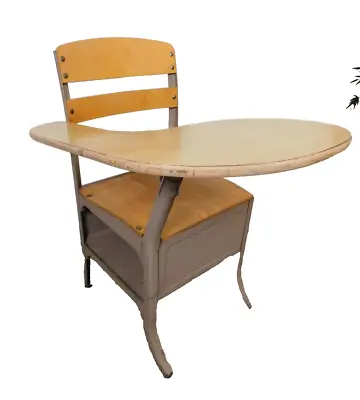 Childs 1950s Industrial School Desk Chair Combo W Book Cubby Steel & Plywood • $160.65