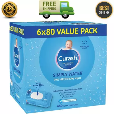 Curash Simply Water Baby Wipes Pack Of 480 (6 X 80 Pack)- FAST & FREE SHIPPING- • $29.98