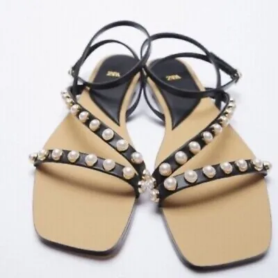 $42 • Buy Zara Pearl Studded + Strappy Flat Sandals Us 6