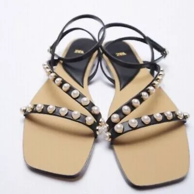 Zara Pearl Studded + Strappy Flat Sandals Us 6 • $42