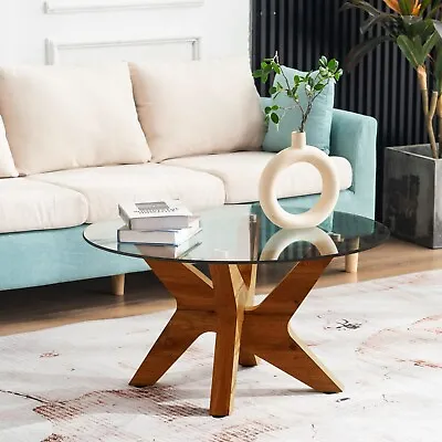 $184 • Buy Ivinta Modern Round Glass Coffee Table With Cross Wood Frame For Living Room