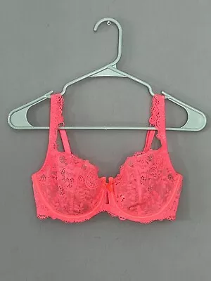 Victoria Secret Unlined Demi 34D Coral Hot Pink Lace Underwire Sexy Bra Bright ♡ • $14.53