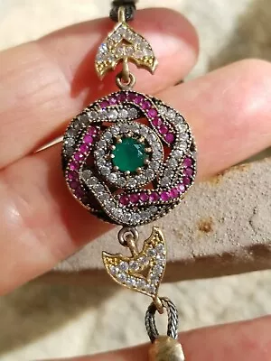 VICTORIAN MUGHAL Fine Green Onyx W Rubies & Topaz Sterling Silver/Gold Bracelet  • $185