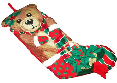 Needlepoint Christmas Stocking 18  Teddy Bear Vintage Hand Crafted Red Back • $18