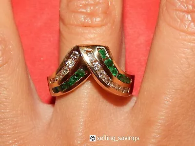 $499 • Buy 14k Yellow Gold  Effy Diamond &  Emerald  V Shape Fancy Ring Size 7.75 Sizeable