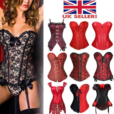 Women Sexy Red&Black Lace Top Shaper Basque CORSET Suspender LINGERIE With Thong • £21.79