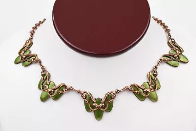 18  Vintage Art Nouveau Green Enamel Copper Chain Necklace - Classic Jewelry • $64