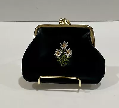 Vintage Leather Black Clutch Embroidered W Daises Kiss Lock • $3