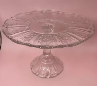 EAPG Antique 9  Round Cake Stand Server Floral Design Clear Glass • $25