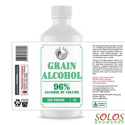 GRAIN ALCOHOL FOOD GRADE ETHANOL 96% ABV 1000ml AUSTRALIAN MADE EVERCLEAR • $169.90