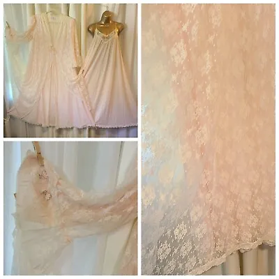 VTG P S M Nightgown LUCIE ANN Sweet PINK Set Nylon Chantilly Lace Peignoir   • $199.99