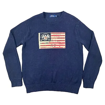 Polo Ralph Lauren Pullover Sweater Blue USA Flag 1968 Men's Size Large 44in VGC • £49.95
