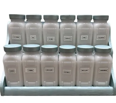 $110 • Buy Vintage Griffith Milk Glass Spice Jars, Full Set Of 12, 6 W/ Sifters, And Rack