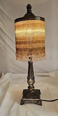 Vintage Victorian Art Deco Table Lamp Beaded Shade Gold • $125.99
