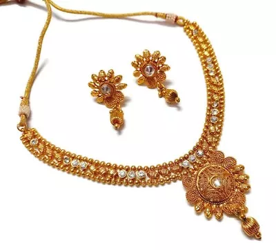 Indian Necklace Jhumki 22k Gold Plated Bollywood Set Traditionl Copper Jewelry • $24.90
