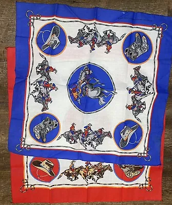 Vtg Cowboy Bandana Blue Red Bucking Bronco Horse Rodeo Western Lot Of 2 USA • $19.99