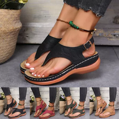 Summer Womens Orthopedic Sandals Casual Flat Flip Flops Ladies Low Wedge Shoes • £10.88