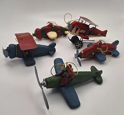 Vintage Airplane Christmas Ornaments Set Of 5 Propeller Planes Hand Painted • $24.99