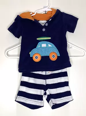 Mud Pie Baby Boy 0-6 Mo Beach Terry Knit Set Top Shorts Car Applique Navy Blue • $15.98