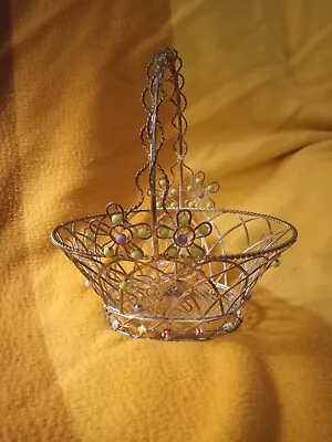 Vintage Metal Wire Basket With Beads & Flowers • $20