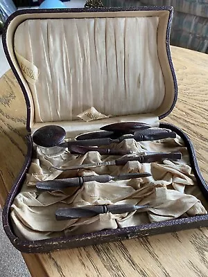 Antique 7 Pc Vanity Set In Case Brush Comb Mirror Nail Files Toothbrush • $16.50