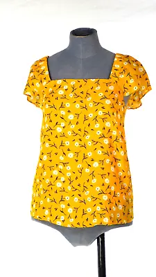 Hush Blouse Floral Print Top Della Mustard Yellow Square Neck Designer UK 6 • £6.99
