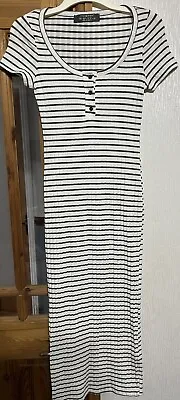 Primark - White / Green Stripe Ribbed T-Shirt Casual Midi Dress - UK 6-8 / XS • £5.99