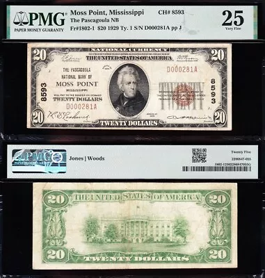 NICE *RARE* Bold & Crisp VF+ 1929 $20 MOSS POINT MS National Banknote! PMG 25! • $395