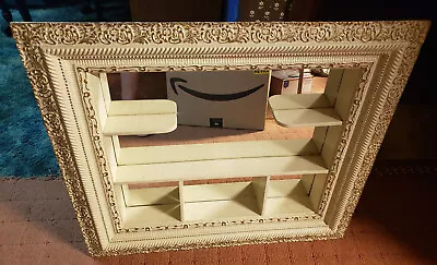 Mid Century French Provincial Shadow Box Mirror Curio Shelf White Gold 32x28  • $85