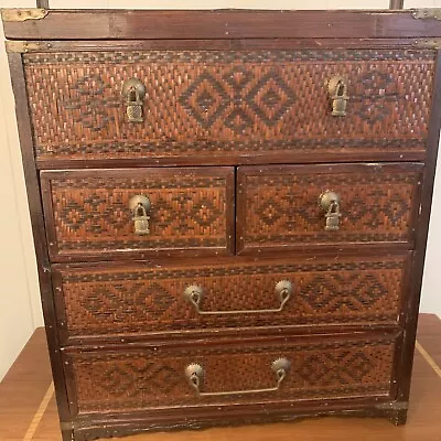 Antique Chinese Bamboo Carved Rosewood Wedding Basket Jewelry Sewing Game Chest • £56.86