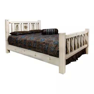 Montana Woodworks Homestead Wood Queen Bed With Laser Engraved Pine In Natural • $1322.99