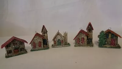 VINTAGE PUTZ CHRISTMAS VILLAGE ORNAMENTS X5 MICA CARDBOARD HOUSE CHURCH JAPAN • $49.99