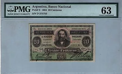 Argentina  Note Banco Nacion 20 Centavos 1884  Pick# 3 Pmg Choice Unc 63 • $350